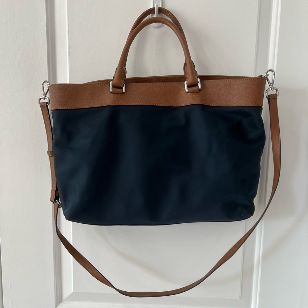 Michael Kors Colgate 2-Way Navy Blue Nylon Tote Bag Leather Trim double Handle - Picture 2 of 11